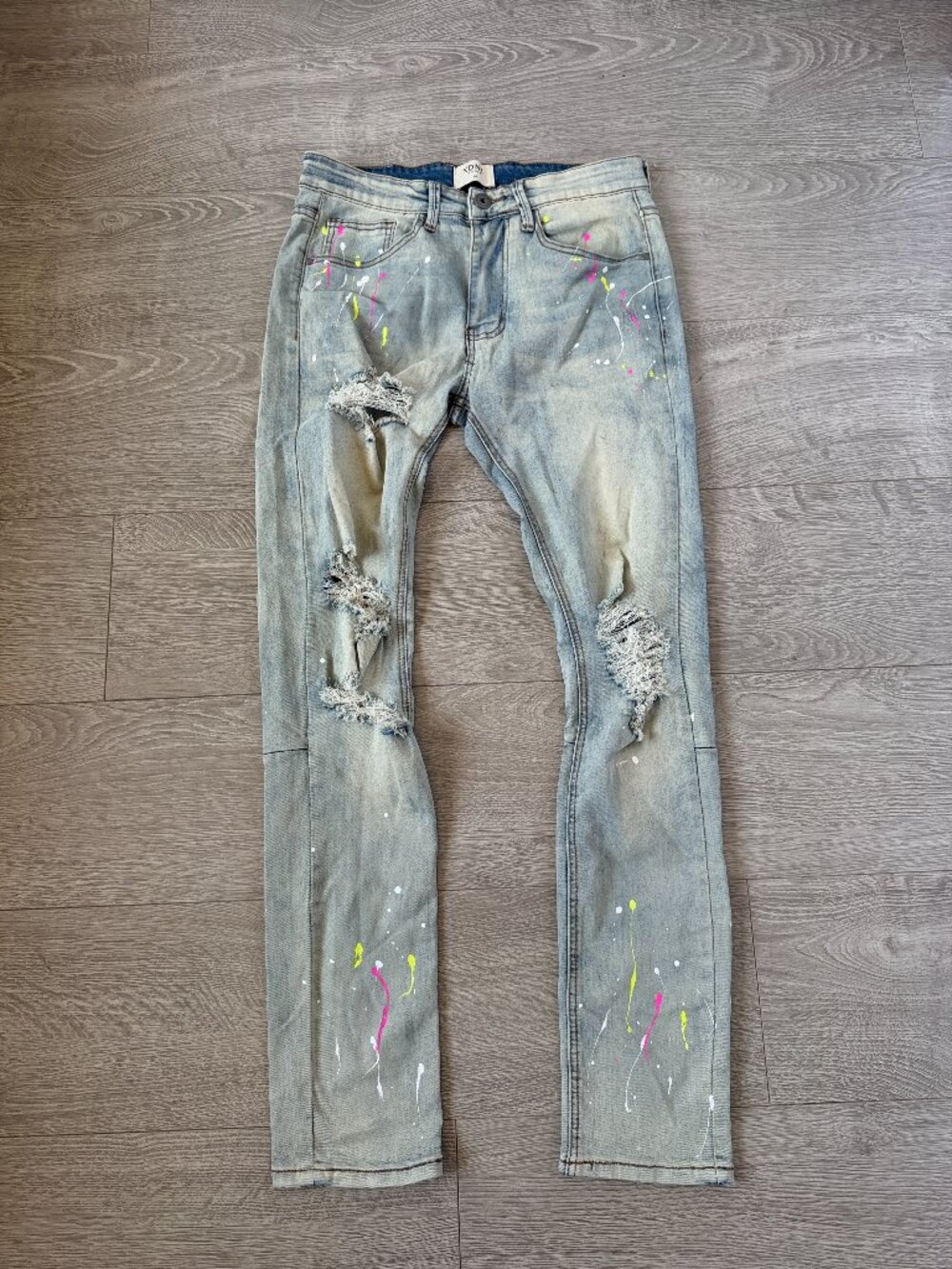 KDNK Men’s Jeans Size 30 Light Wash Distressed Neon Paint Splatter